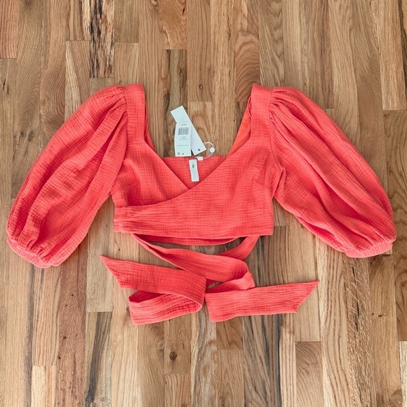 New NWT Jonathan Simkhai Mila Orange Coral Crop Puff Sleeve Wrap Top Size S - Picture 2 of 6
